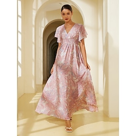 Chiffon Wedding Guest Floral V Neck Corset Maxi Dress