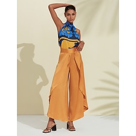 Geometic Flower Blouse Satin High Pants Two-piece Set