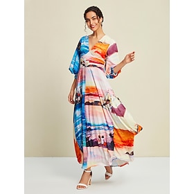 Knit Graphic Multi Color Marine Life 3/4 Length Sleeve Maxi Dress