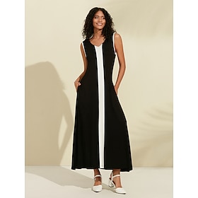 Women's Black Maxi Dress Modal Color Block Sleeveless V Neck A Line Knit Elegant Dress