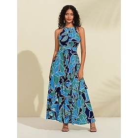 Women's Chiffon Dress Maxi Dress Blue Purple Sleeveless Floral Ruffle Printing Spring Summer Round Pattern Dress XS S M