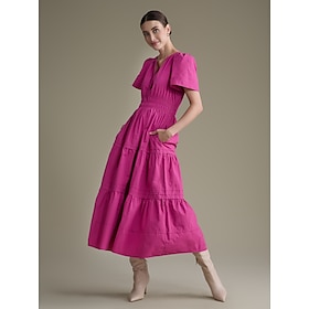 Women's Cotton Burgundy Puffed Sleeve V Neck Maxi Dress Casual Dress