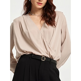 Women's Long Sleeve Blouse Casual Essential Work Top Satin Beige V-Neck Faux Wrap Blouse