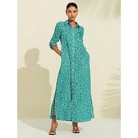 Women's Shirt Dress Print Dress Maxi Dress Blue Green Leopard prints Roll up Sleeves Sequin Summer Shirt Collar Leopard Print S M L