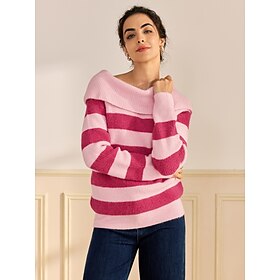 Off Shoulder Ribbed Knit Wool Blend Fall / Winter Causal Rose Red Sweater