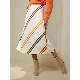 Satin Multi Color Stripe Casual Daily Midi Skirt