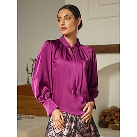 Satin Solid Lantern Sleeve Tie Front Blouse